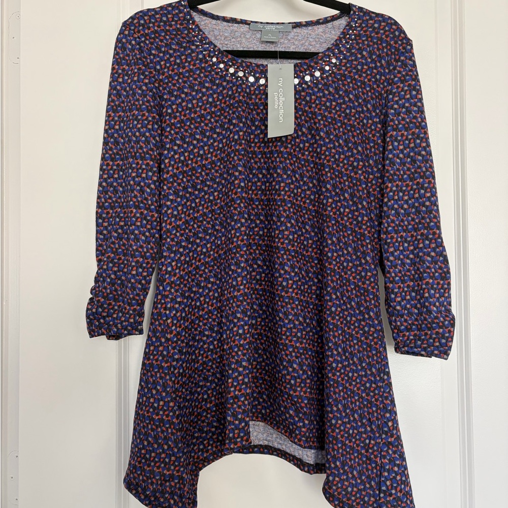 Macy’s Blue and Red Patterned Tunic 3/4 Sleeve Top | large petite